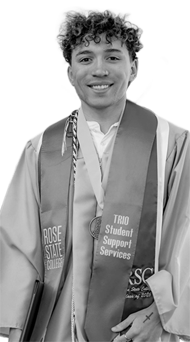 Rose State College graduate wearing a graduation gown, honor cords, medal, and TRIO Student Support Services stole smiles while posing for a commencement portrait.