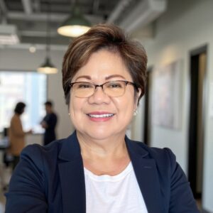 Professional headshot of a smiling woman wearing glasses, a navy blazer, and a white shirt, standing in a bright office hallway.