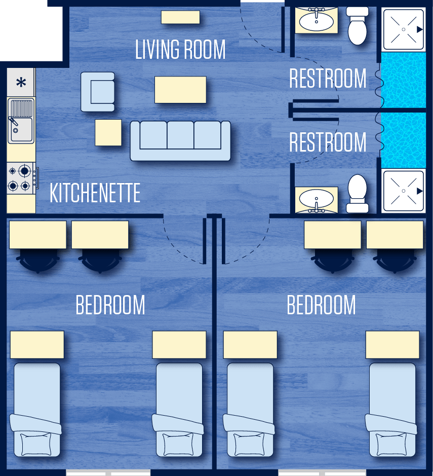 **Alt text:** Floor plan of a two-bedroom pod-style apartment featuring two double-occupancy bedrooms, a shared living room, a kitchenette, and two private restrooms, each with a sink, toilet, and shower.