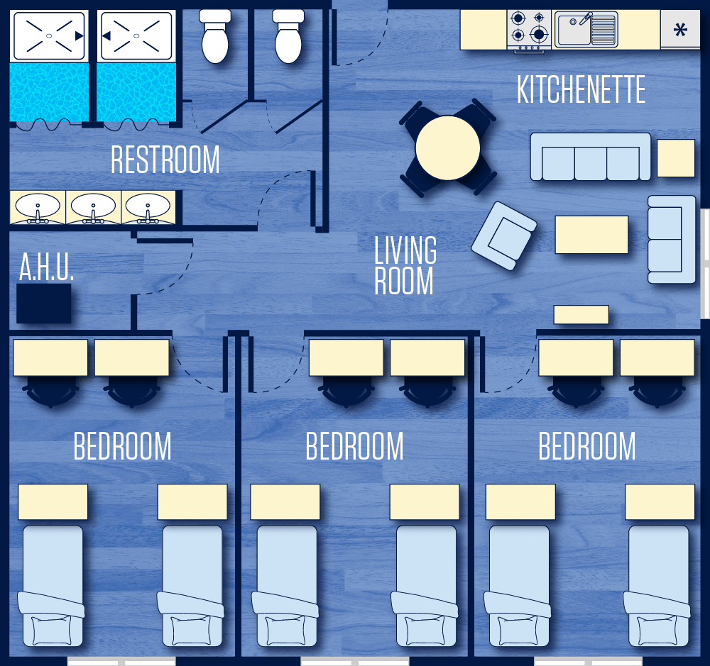 Floor plan of a three-bedroom pod-style apartment featuring three double-occupancy bedrooms, a shared restroom with two showers and three sinks, a central living room, and a kitchenette with seating.
