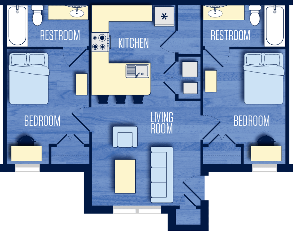 Floor plan of a two-bedroom apartment featuring two private bedrooms, two private restrooms, a full kitchen with bar seating, a central living room, and a dining area.