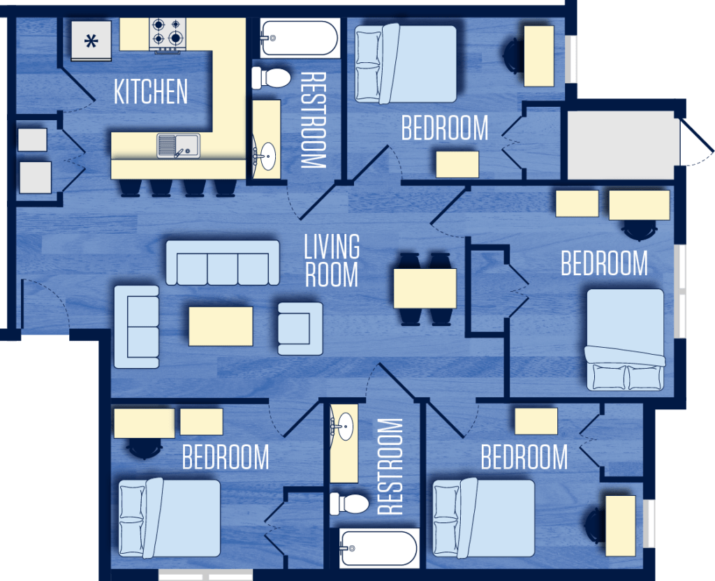 Floor plan of a four-bedroom apartment featuring four private bedrooms, two shared restrooms, a full kitchen with bar seating, a central living room, and a dining area.