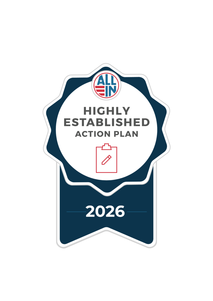 Graphic badge with “All In” logo reading “Highly Established Action Plan” and “2026,” with an icon of a clipboard and pencil.