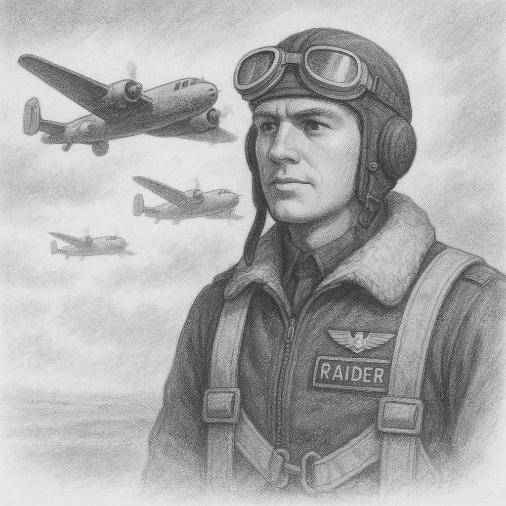 Illustration of Rowdy the Raider with bombers flying overhead.