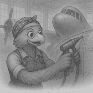 Illustration of Rosie the Eagle working on an airplane.