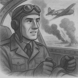Illustration of Rowdy flying a plane during the war.