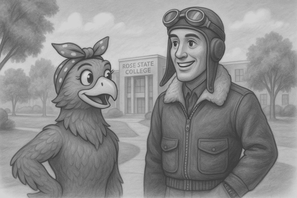 Illustration of Rowdy and Rosie together on the campus of Rose State College