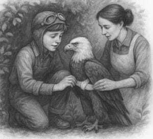 An illustration of a young boy and his mother bandaging a wounded eagle.