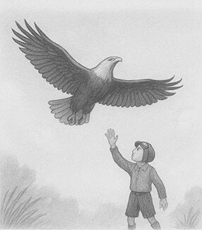 Illustration of a young boy with an eagle flying overhead.