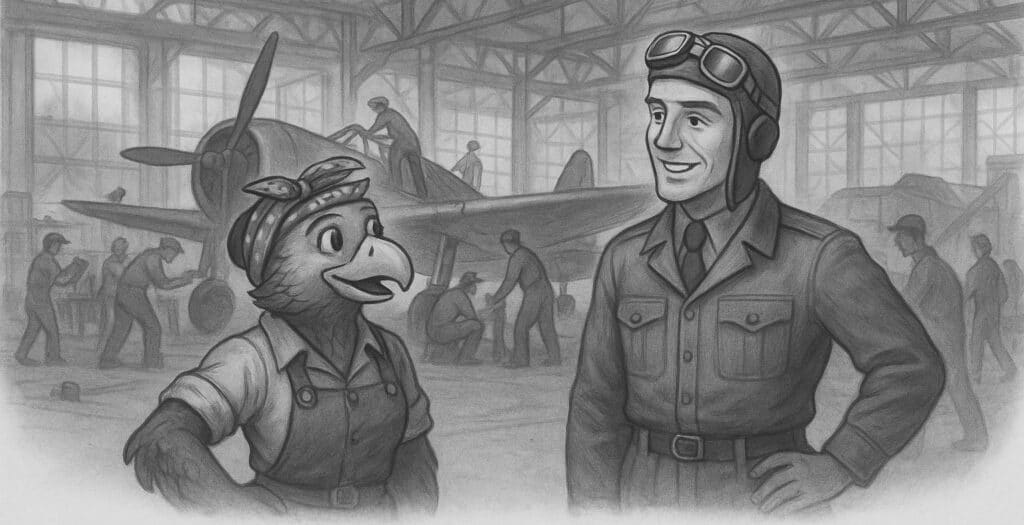 Illustration of Rosie the Eagle and Rowdy the Raider meeting in an airplane hangar.